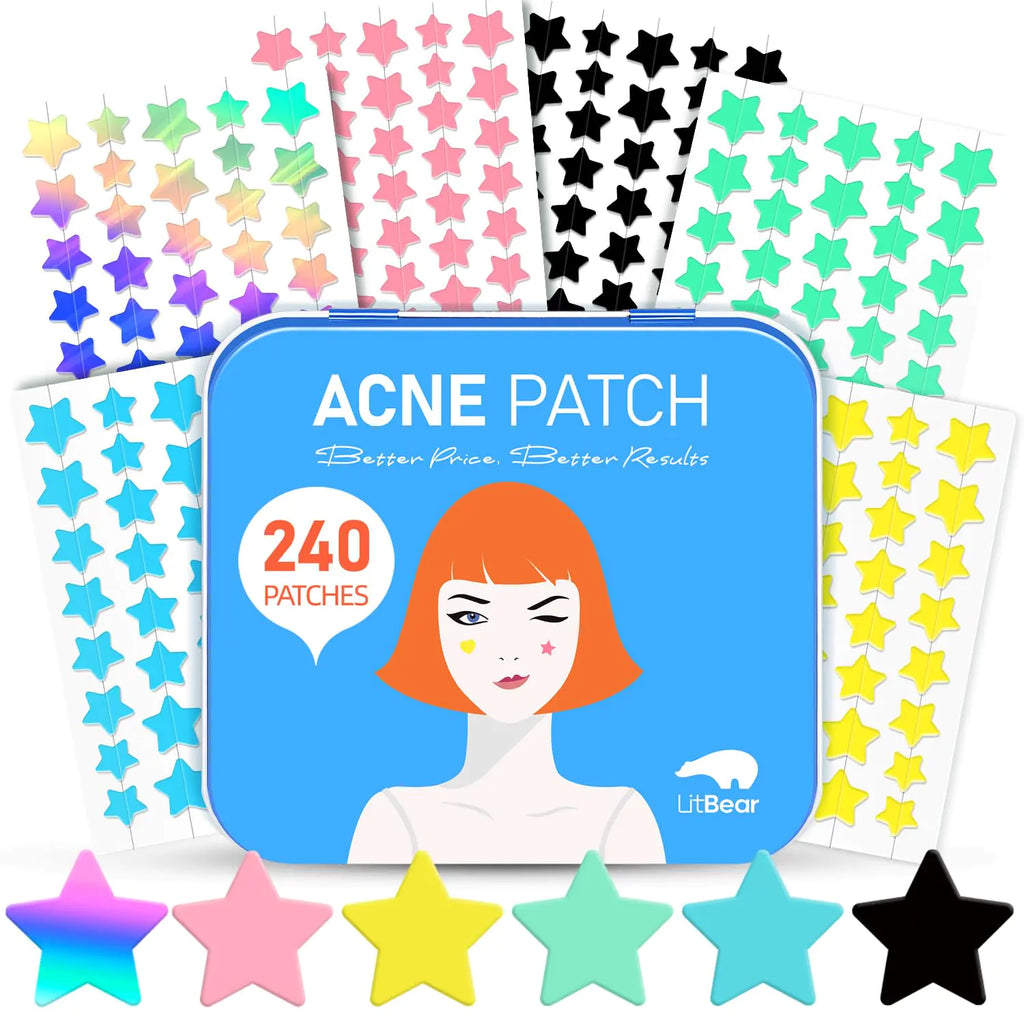 LitBear Acne Patch Pimple Patch 6 Colors 240 Dots Star Pimple Patches with Tea Tree Oil & Centella Oil Hydrocolloid Acne Pimple Patches for Face Cute Zit Patches Pimple Stickers Acne Dots